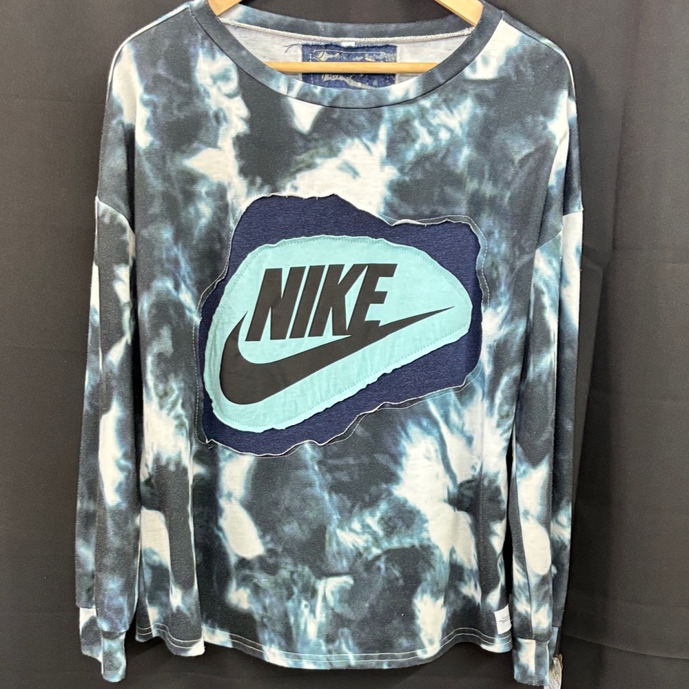 Nike Blue and Black Tie-Dye Long Sleeve Shirt repurposed by “Jagged Threads”